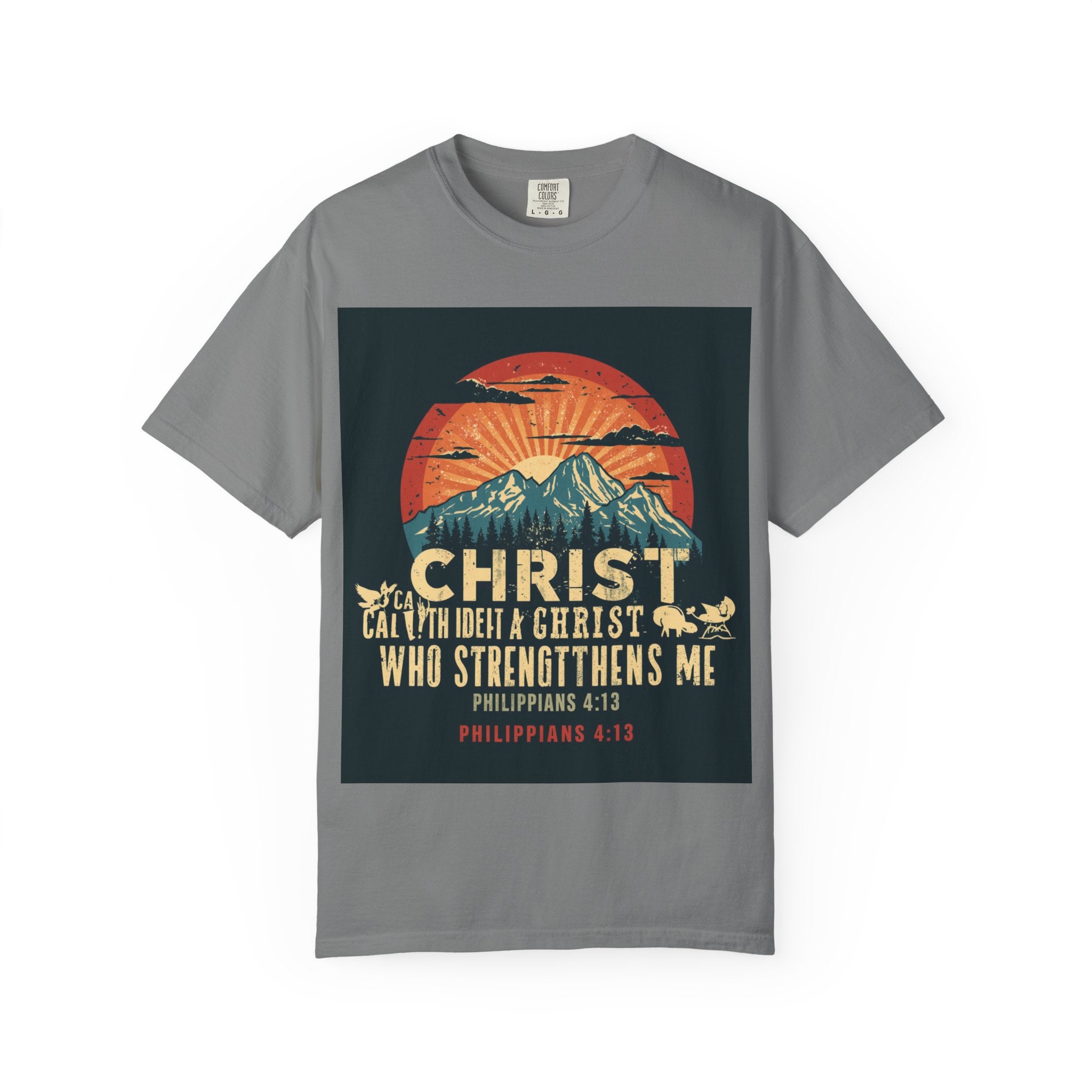 Christian Mountain T-Shirt — "I Can Do All Things Through Christ" Philippians 4:13 Vintage Sunset