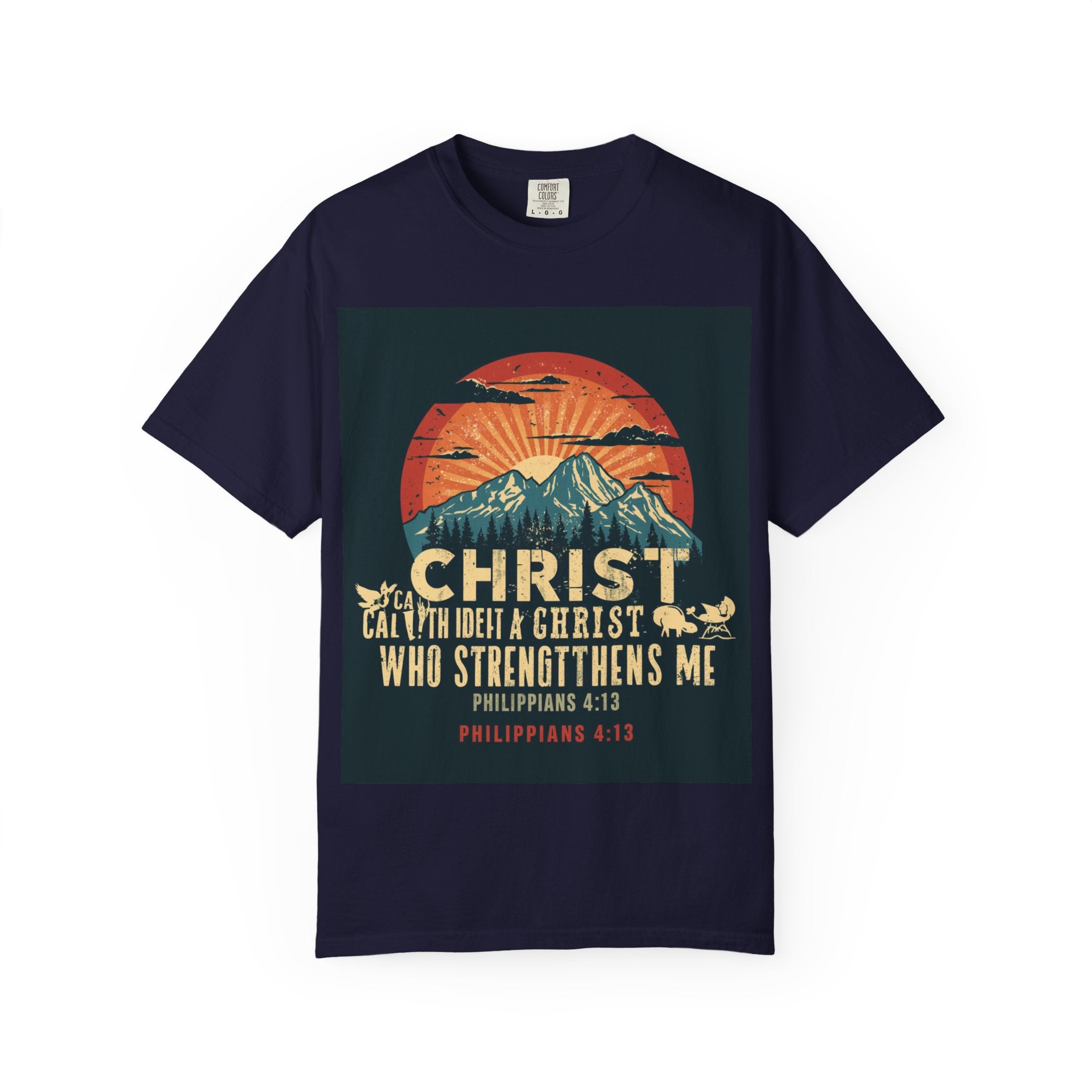Christian Mountain T-Shirt — "I Can Do All Things Through Christ" Philippians 4:13 Vintage Sunset