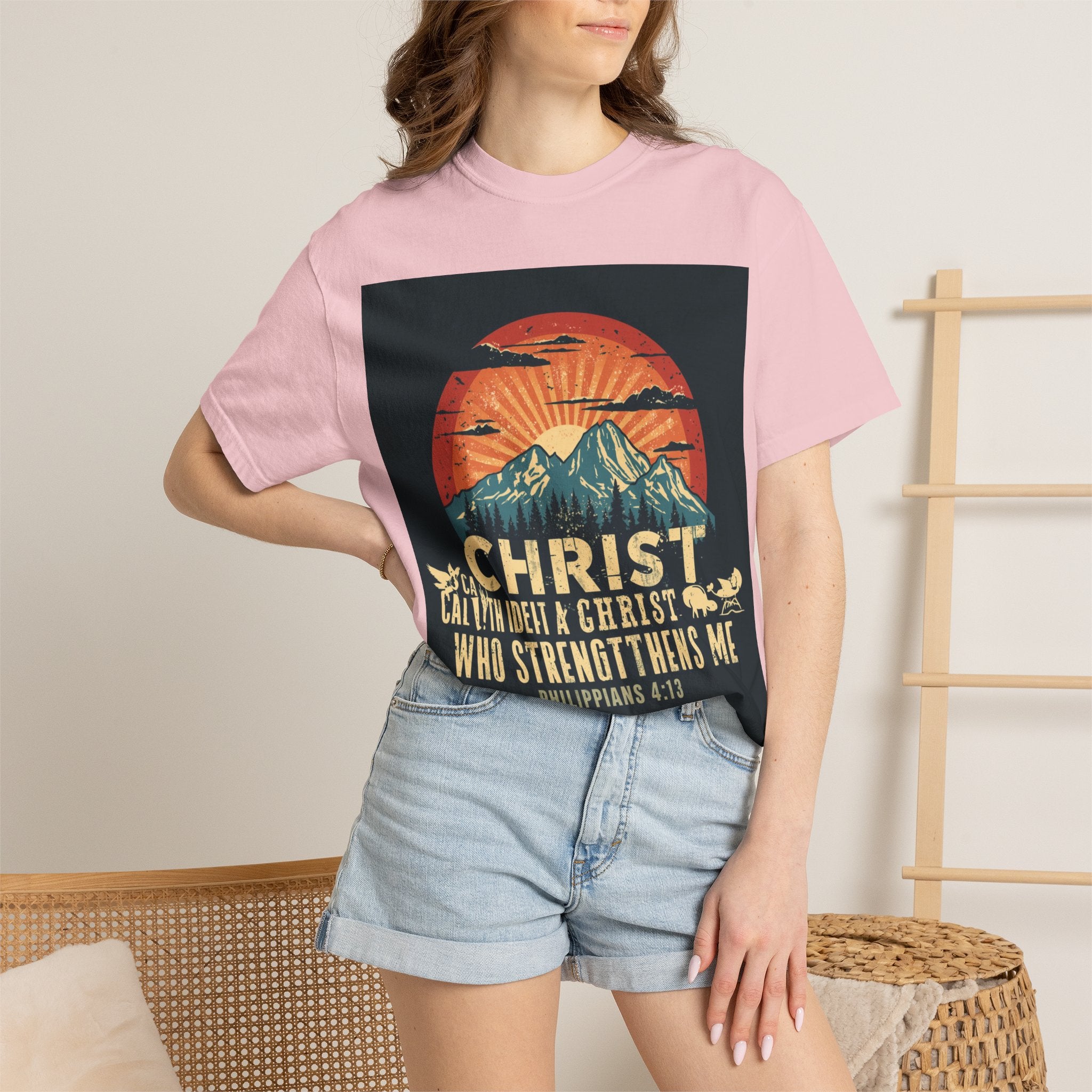 Christian Mountain T-Shirt — "I Can Do All Things Through Christ" Philippians 4:13 Vintage Sunset