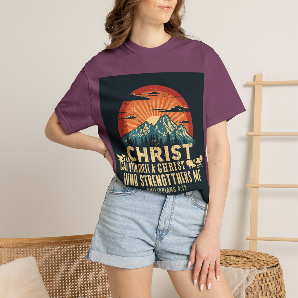 Christian Mountain T-Shirt — "I Can Do All Things Through Christ" Philippians 4:13 Vintage Sunset
