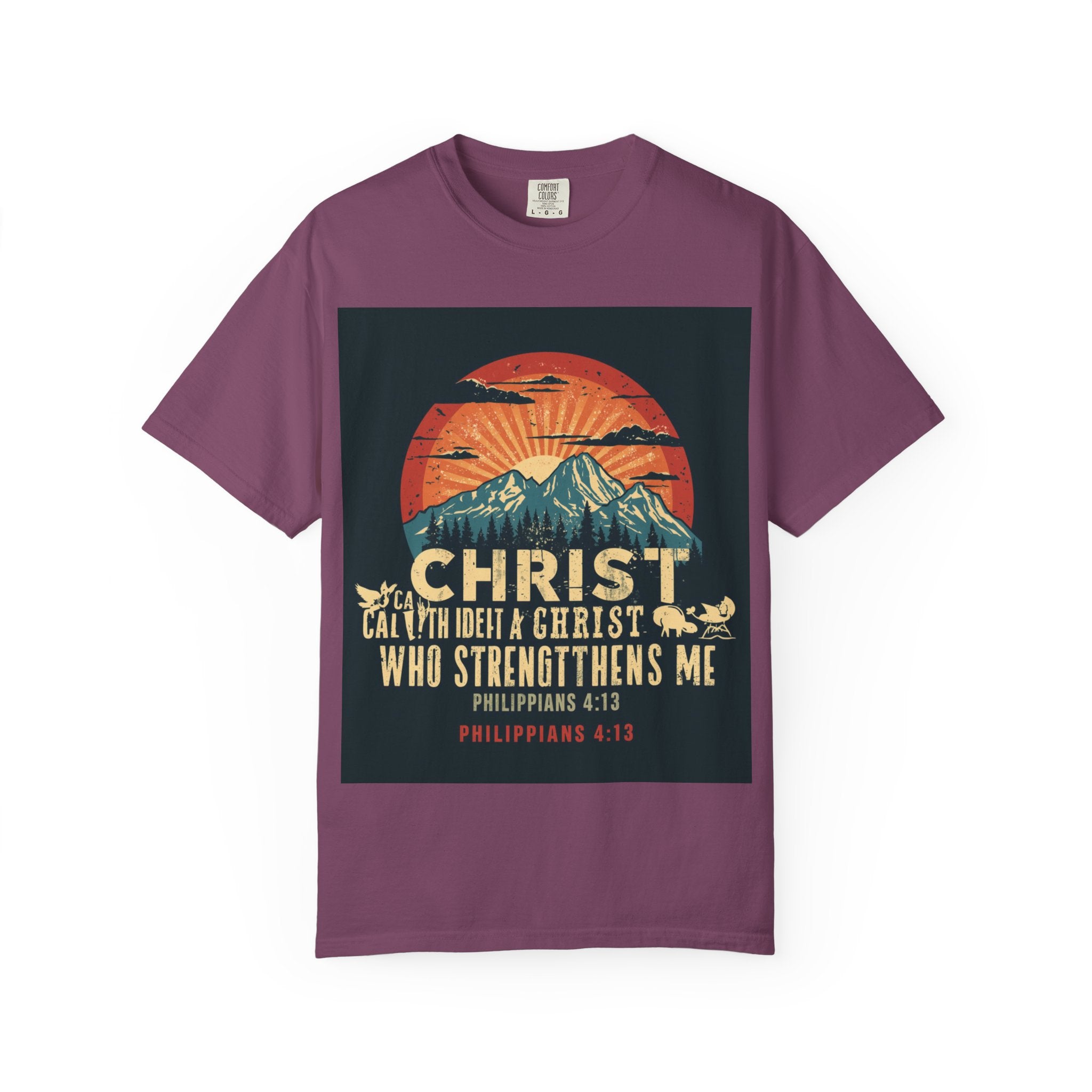 Christian Mountain T-Shirt — "I Can Do All Things Through Christ" Philippians 4:13 Vintage Sunset